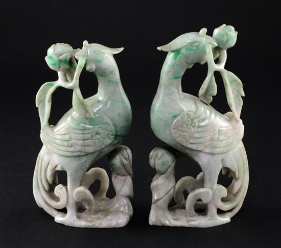 A pair of Chinese jadeite phoenixes, early 20th century, 15.5cm - 16cm